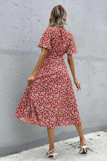 Floral V Neck Red Summer Daress